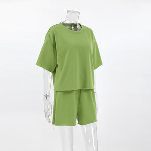 Green Short Sleeve T shirt Shorts Sporty Two Piece Set