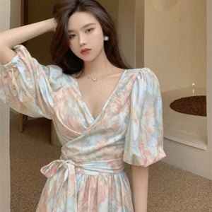 Puff Sleeve Wrap and Tie Floral Slim Midi Dress