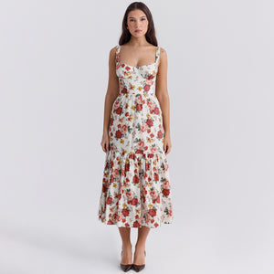 Spaghetti Backless Floral Ruffle Midi Dress