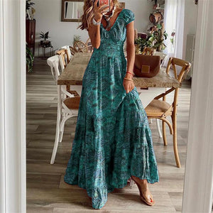 Floral Short Sleeve Slim Flare Bohemian Dress