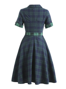 Vintage Elegant England Style Plaid Spliced Fit Flare Midi Dress