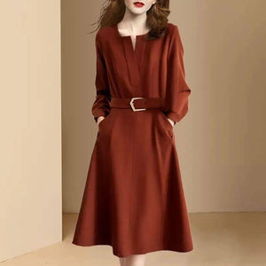 Elegant V Neck Slim Belted A Line Midi Dress