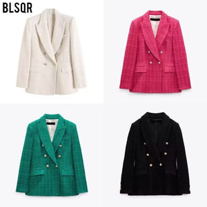 Women 4 Colors Textured Tweed Double Breasted Midi Blazer