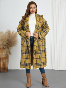 Women Hooded Plaid Double Breasted Overcoat