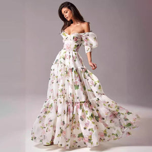 2024 New Style Off Shoulder Puff Sleeve Organza Fairy Long Evening Dress