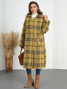 Women Hooded Plaid Double Breasted Overcoat