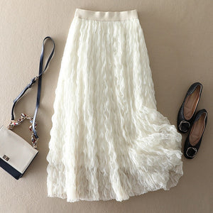 High Waist Tulle Wavy Crinkle Midi Puffy Skirt