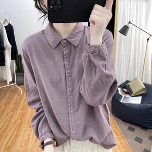 Solid Linen Cotton Lace Spliced Oversized Shirt