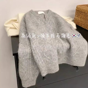 Grey V Neck Cabel Pattern Sweater