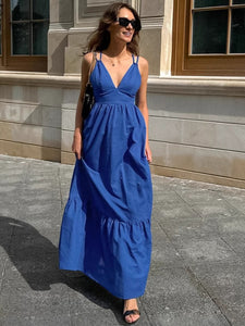 Blue Cotton Linen V Neck Spaghetti Backless Tiered Maxi Dress