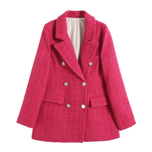 Women 4 Colors Textured Tweed Double Breasted Midi Blazer