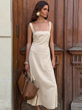 Charger l&#39;image dans la galerie, Cotton Linen Square Neck Spaghetti Backless Midi Dress
