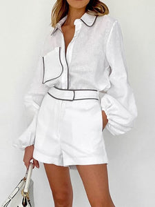 Women Cotton Linen Black White Contrast Shirt Shorts Two Piece Set