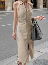 Charger l&#39;image dans la galerie, Khaki Cotton Linen Backless Halter Neck Midi Dress
