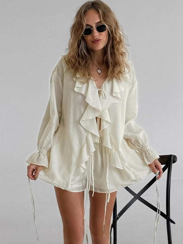 French Style V Neck Frill Shirt and Short Two Piece Set