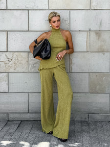 Green Sleeveless Halter Neck Top and Wide Leg Pants Two Piece Set