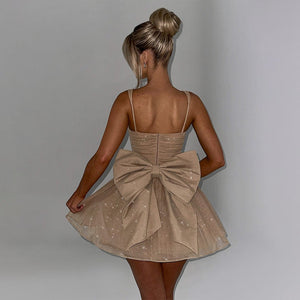 Spaghetti Strapless A Line Sequin Bow Party Dress