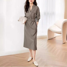 Charger l&#39;image dans la galerie, Elegant Solid OL Stand V Neck Long Sleeve Dress
