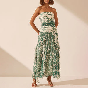 Printed Strapless Ruched Chiffon Maxi Dress