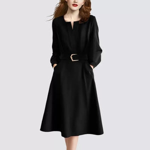 Elegant V Neck Slim Belted A Line Midi Dress