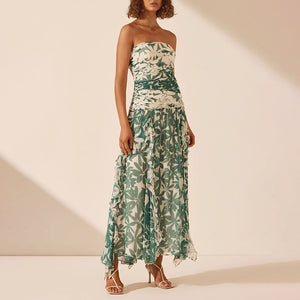 Printed Strapless Ruched Chiffon Maxi Dress