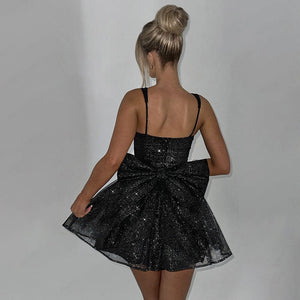 Spaghetti Strapless A Line Sequin Bow Party Dress