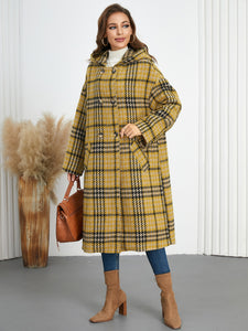 Women Hooded Plaid Double Breasted Overcoat