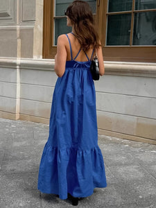 Blue Cotton Linen V Neck Spaghetti Backless Tiered Maxi Dress