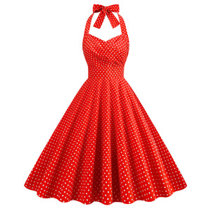 Vintage Polka Dot Halter Neck High Waist Performance Tie Dress Bridesmaid Picnic Fit Flare Midi Dress