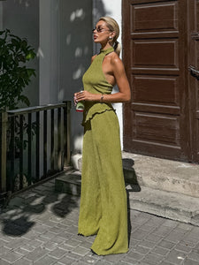 Green Sleeveless Halter Neck Top and Wide Leg Pants Two Piece Set