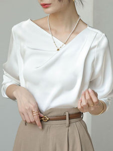 French Style White Satin Irregular Blouse