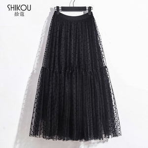 High Elastic Flocking Polka Dot Puffy Tulle Midi Skirt