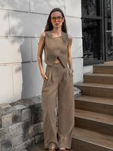 Laden Sie das Bild in den Galerie-Viewer, Women Khaki Sleeveless Waistcoat Pants Two Piece Sets
