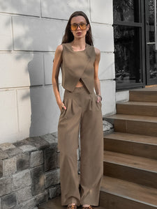 Women Khaki Sleeveless Waistcoat Pants Two Piece Sets