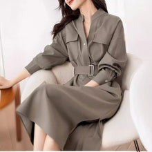 Charger l&#39;image dans la galerie, Elegant Solid OL Stand V Neck Long Sleeve Dress
