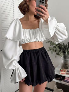 White Imitated Acetate Square Neck Satin Frill Sleeve Crop Blouse