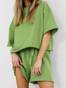 Green Short Sleeve T shirt Shorts Sporty Two Piece Set