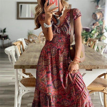 Load image into Gallery viewer, Floral Short Sleeve Slim Flare Bohemian Dress
