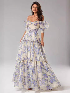 2024 New Style Off Shoulder Puff Sleeve Organza Fairy Long Evening Dress