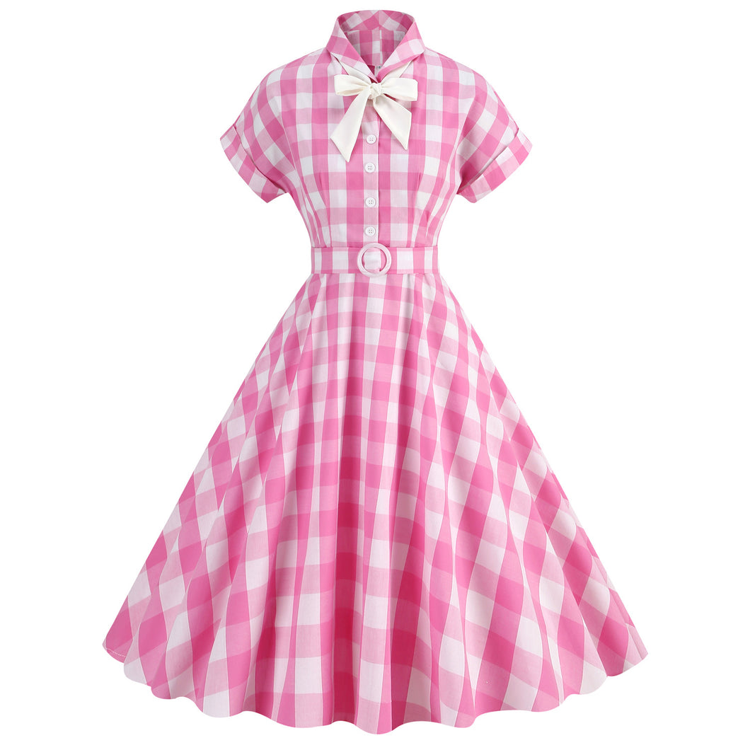Cosplay Vintage Pink Plaid Bow Tie Midi Flare Dress