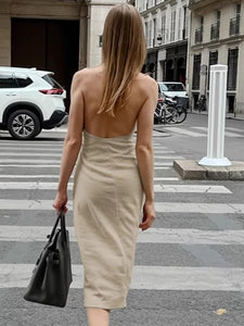 Khaki Cotton Linen Backless Halter Neck Midi Dress