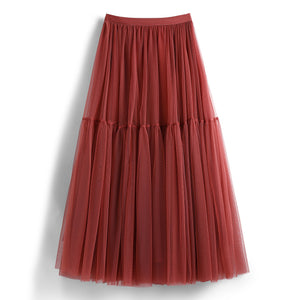 High Waist Tiered Midi A Line Tulle Skirt