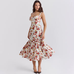 Spaghetti Backless Floral Ruffle Midi Dress