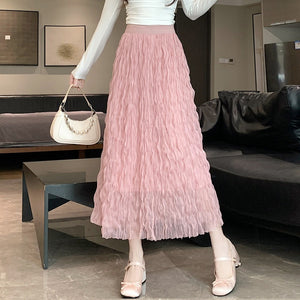 High Waist Tulle Wavy Crinkle Midi Puffy Skirt