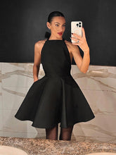 Charger l&#39;image dans la galerie, Black High Waist Halter Neck Mini Flare Dress
