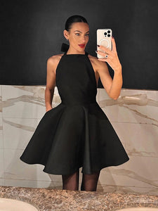 Black High Waist Halter Neck Mini Flare Dress