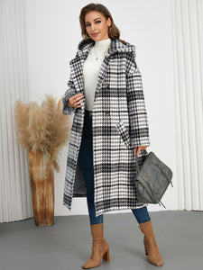 Women Hooded Plaid Double Breasted Overcoat