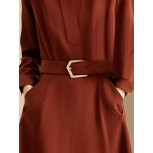 Elegant V Neck Slim Belted A Line Midi Dress