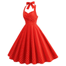 Load image into Gallery viewer, Vintage Polka Dot Halter Neck High Waist Performance Tie Dress Bridesmaid Picnic Fit Flare Midi Dress
