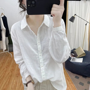 Solid Linen Cotton Lace Spliced Oversized Shirt